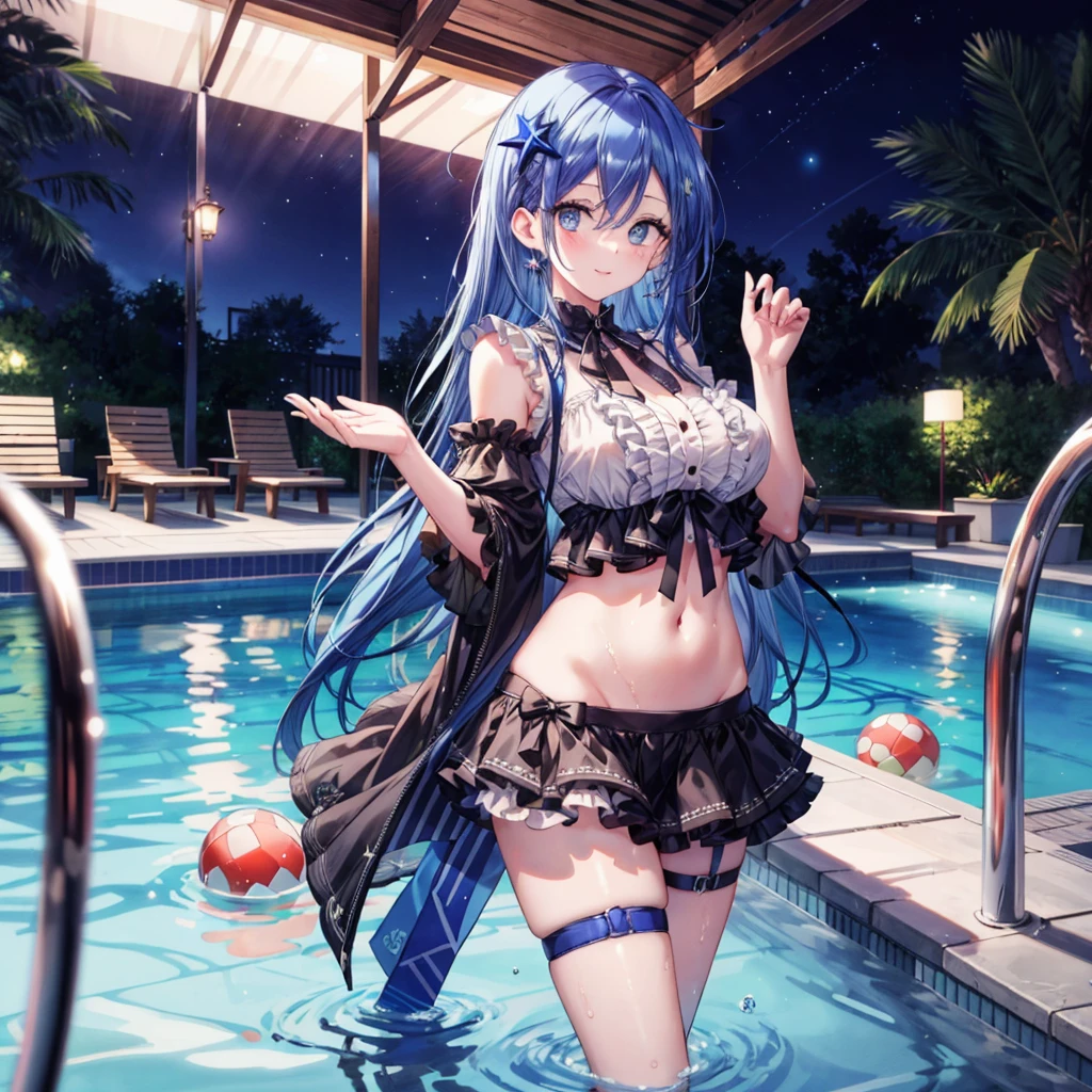 ((Highest quality)), ((masterpiece)), ((detailed)), a very sexy character from a visual novel with big breasts dressed in a blue 比基尼, 1girl, pool, is, 独奏, swimsuit, breasts, 比基尼, pool ladder, Blue eyes, blue hair, thigh strap, star in eye, symbol in eye, looking at viewer, Wet, thighs, star (symbol), ball, underboob, wading, water, alternate breast size, night, poolside, smile, frills