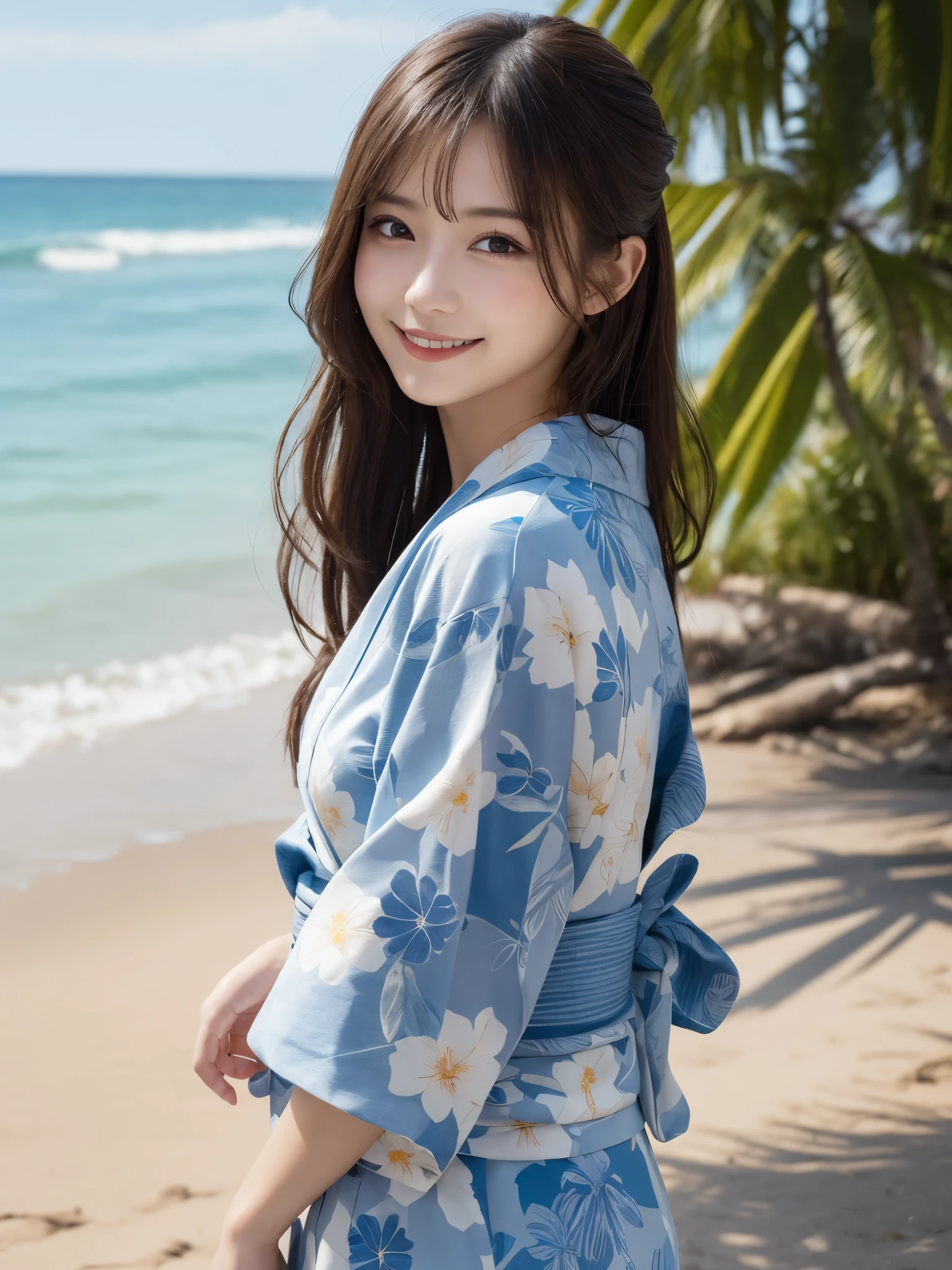 masterpiece, best quality, illustration, ultra-detailed, finely detailed, high resolution, 8K wallpaper, perfect dynamic composition, beautiful detailed eyes, beach, summer, yukata, long hair, relaxed pose, cute, smile, looking at camera