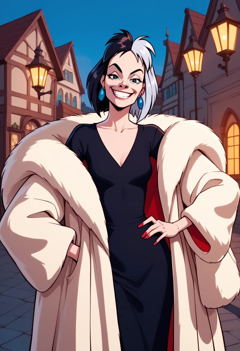 score_9, score_8, score_9, BREAK, cruella, multicolored hair, dress, fur coat, earrings, smirk, outdoors, natural lighting