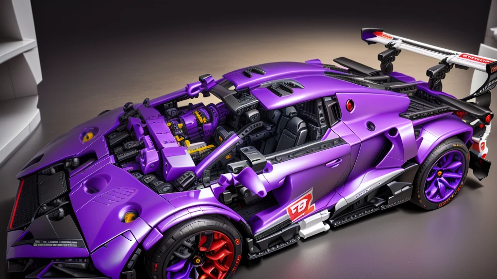 there is a toy car that is purple and has red wheels, taken with sony alpha 9, intricate detailed racing car, detailed wide plan, highly detailed toy, vista frontal superior lateral, cinematic front shot, shot close to the body, full sheet front view, eva unit-00 on the back, toy photo, lamborghini made from LEGO, hyper detailed masterpiece