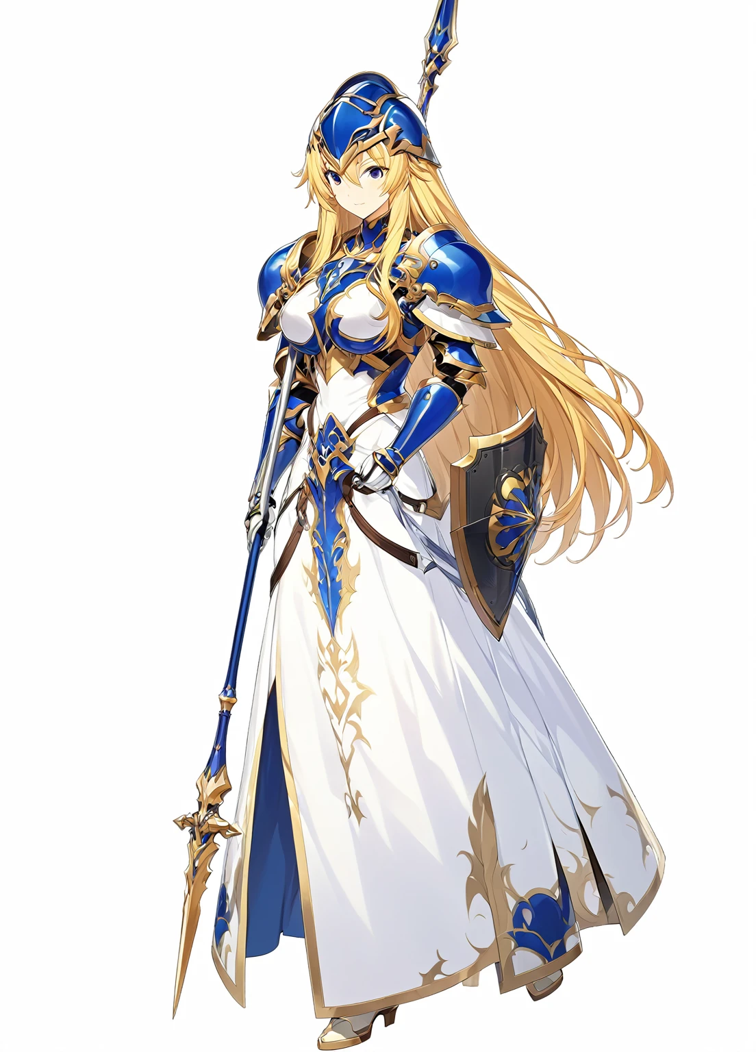 high quality, high resolution, high qualityのゲームアートスタイル, whole body,valkyrie,perfect hand,Official Art, Smooth game CG art, Visual Novel Sprites, White background,Smooth game CG art, (((Woman with a long spear))),A woman wearing a white dress and blue armor, An intricately designed helmet with white feathers,Small shield, (((In his right hand he holds an elaborate long spear))),Exquisite Blue Armor,Golden Hair, long hair, female knight, Rin々Shii,Large Bust,20-year-old,
