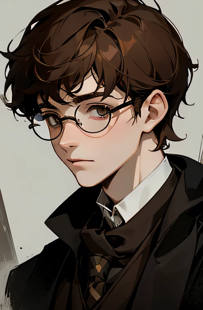 Highest quality、Highest quality、Professional portrait、Science fiction、His name is Joseph Conrad、16-year-old male、Scottish appearance、Brown Hair、Sickly and pale、Harry Potter style glasses、tie、Scarf、Everything is meticulously detailed