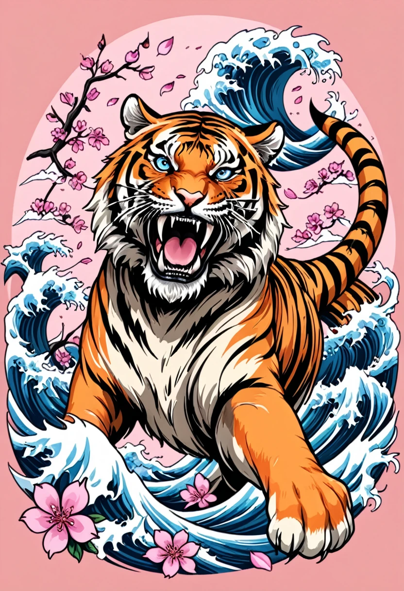 Traditional Japanese tattoo design, realistic tattoo art of Orange tiger with (((Blue eyes))) with pink sakura petal effect ,he is with open mouth looking very fierce and angry, the background is Japanese wave tattoo, (Unity 16K Wallpaper, masterpiece, Best Quality, high quality, Ultra-detailed, extremely details), a tattoo design, realistic tattoo art of Orange tiger with (((Blue eyes))) with pink sakura petal effect ,he is with open mouth looking very fierce and angry, the background is Japanese wave tattoo, scratching the viewer with fierce claw,  
