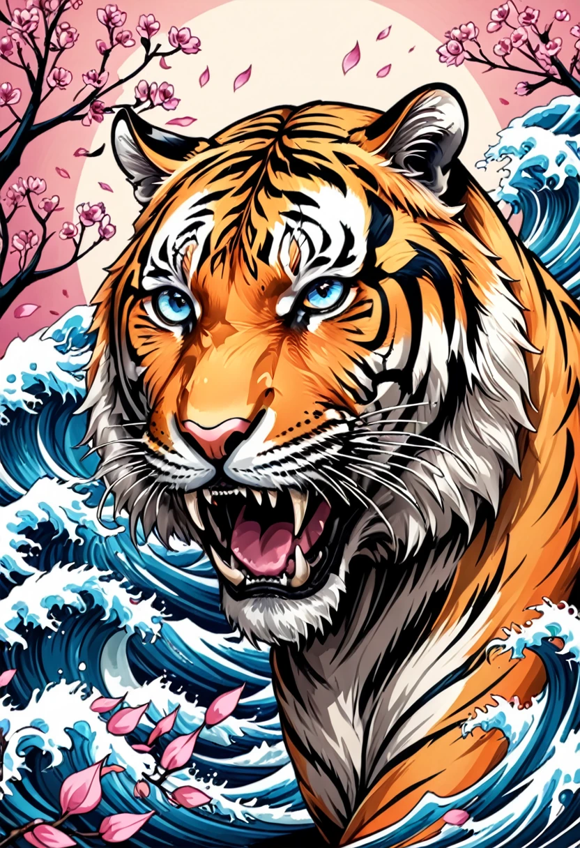 Traditional Japanese tattoo design, realistic tattoo art of Orange tiger with (((Blue eyes))) with pink sakura petal effect ,he is with open mouth looking very fierce and angry, the background is Japanese wave tattoo, (Unity 16K Wallpaper, masterpiece, Best Quality, high quality, Ultra-detailed, extremely details), a tattoo design, realistic tattoo art of Orange tiger with (((Blue eyes))) with pink sakura petal effect ,he is with open mouth looking very fierce and angry, the background is Japanese wave tattoo, scratching the viewer with fierce claw,  
