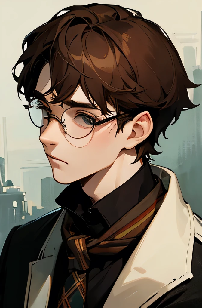 Highest quality、Highest quality、Professional portrait、Science fiction、His name is Joseph Conrad、16-year-old male、Scottish appearance、Brown Hair、Sickly and pale、Harry Potter style glasses、tie、Scarf、Everything is meticulously detailed
