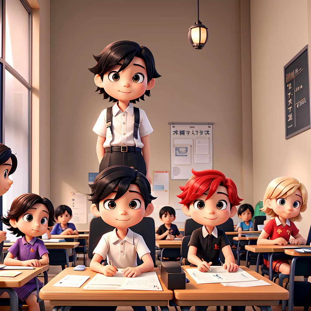 a Japanese boy of approximately , straight black hair, He is teaching how to make origami, a paper bird, he is sitting on a chair in a classroom with his friends who have red hair,blond. Students are seated