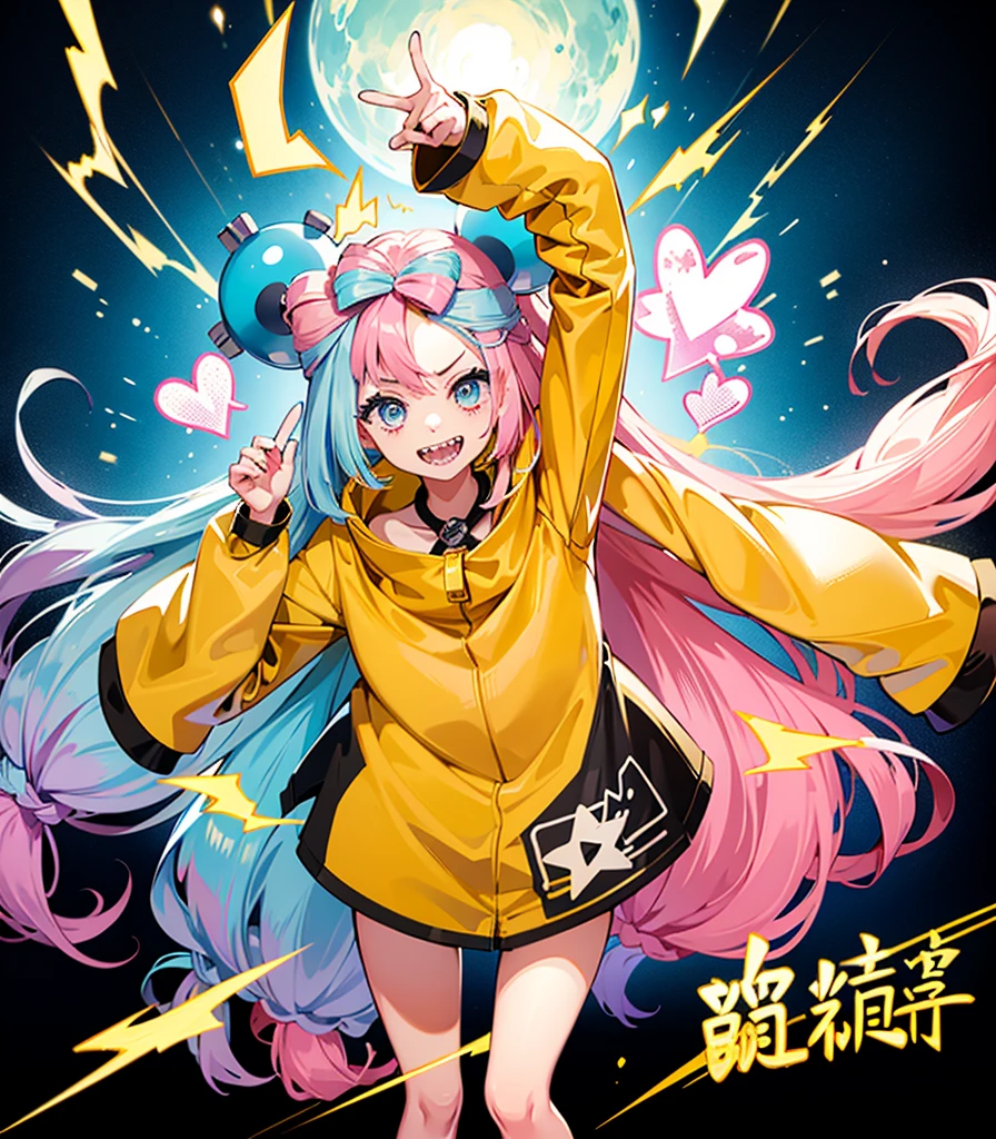 Highest quality、masterpiece、Anime Style、Pink hair and blue eyes、Yellow Jacket、Please raise your right hand、Lower your left hand、Stand only on your right foot、Raise your left leg。Sharp teeth、smile、White Background,Nanjamo,No text