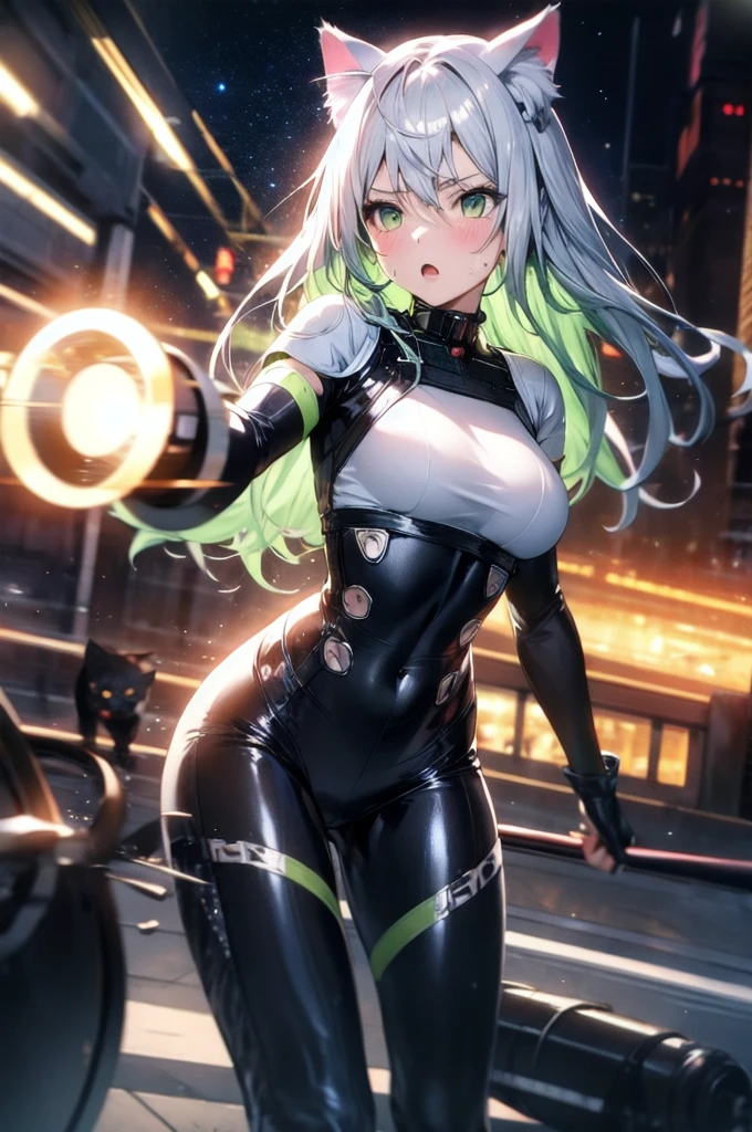 A silver-haired beautiful girl with cat ears eyes are green hair is silver and long clothes: a form-fitting black combat suit The fist is an afterimage The background is a city at night her is in a cat-like fighting pose The year is 14 years monitor, Dark Night, Sweat, Steam of Exhalation, Space, Battle, Dynamic Angle　one girl