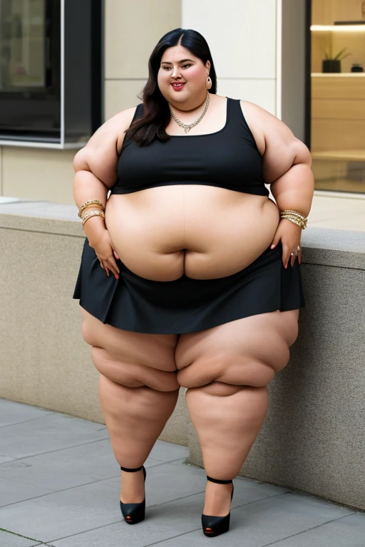 masterpiece, best quality, Real picture, 140kg extremely obese woman, large stomach, mini skirt, high heel, necklace, earring, bracelet