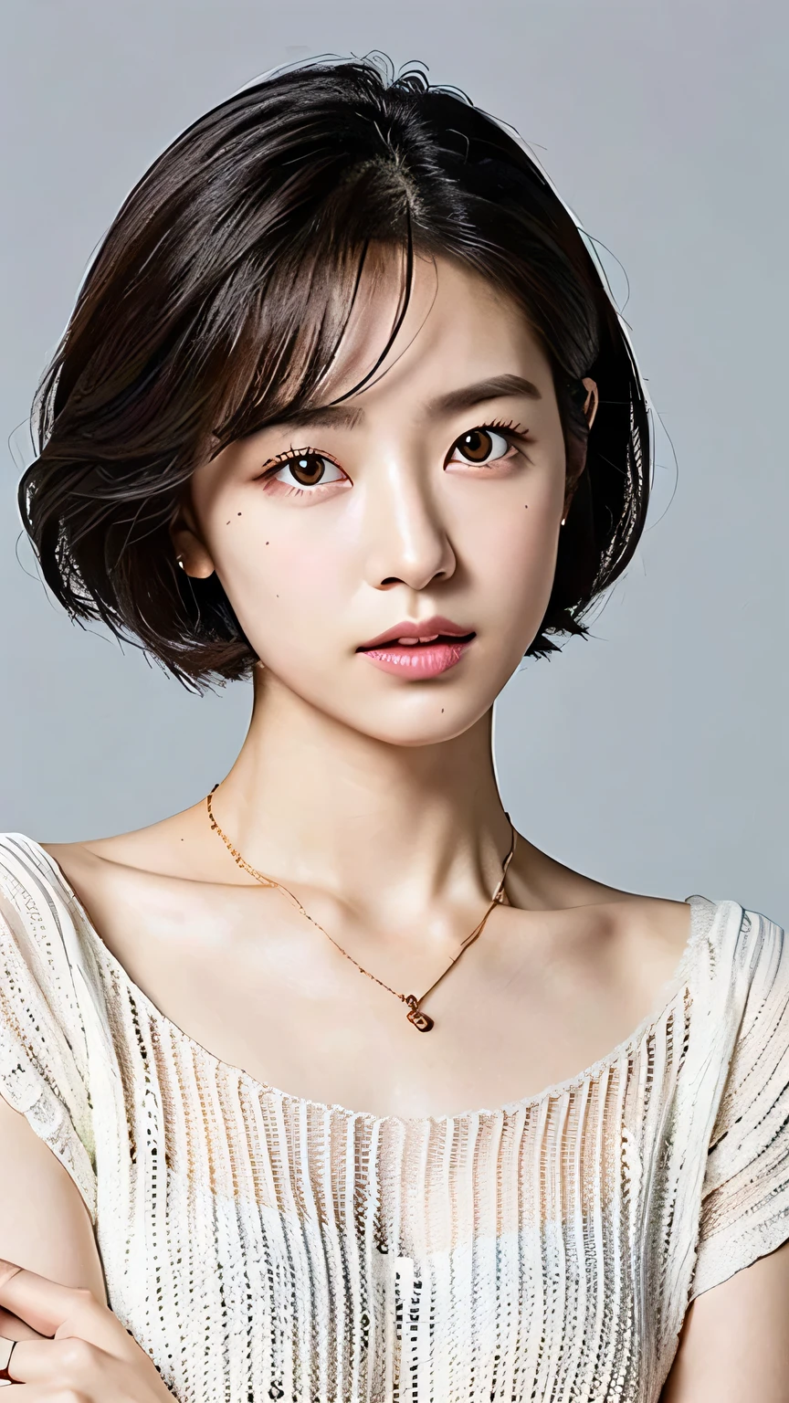 (best quality、8K、32K、masterpiece、Ultra-high resolution:1.2)、Cute half woman photo、Super Short Bob Hairstyle、Upper Body、Face Focus、Extra Large_sweater、necklace、Simple background、from above、Looking at the audience、