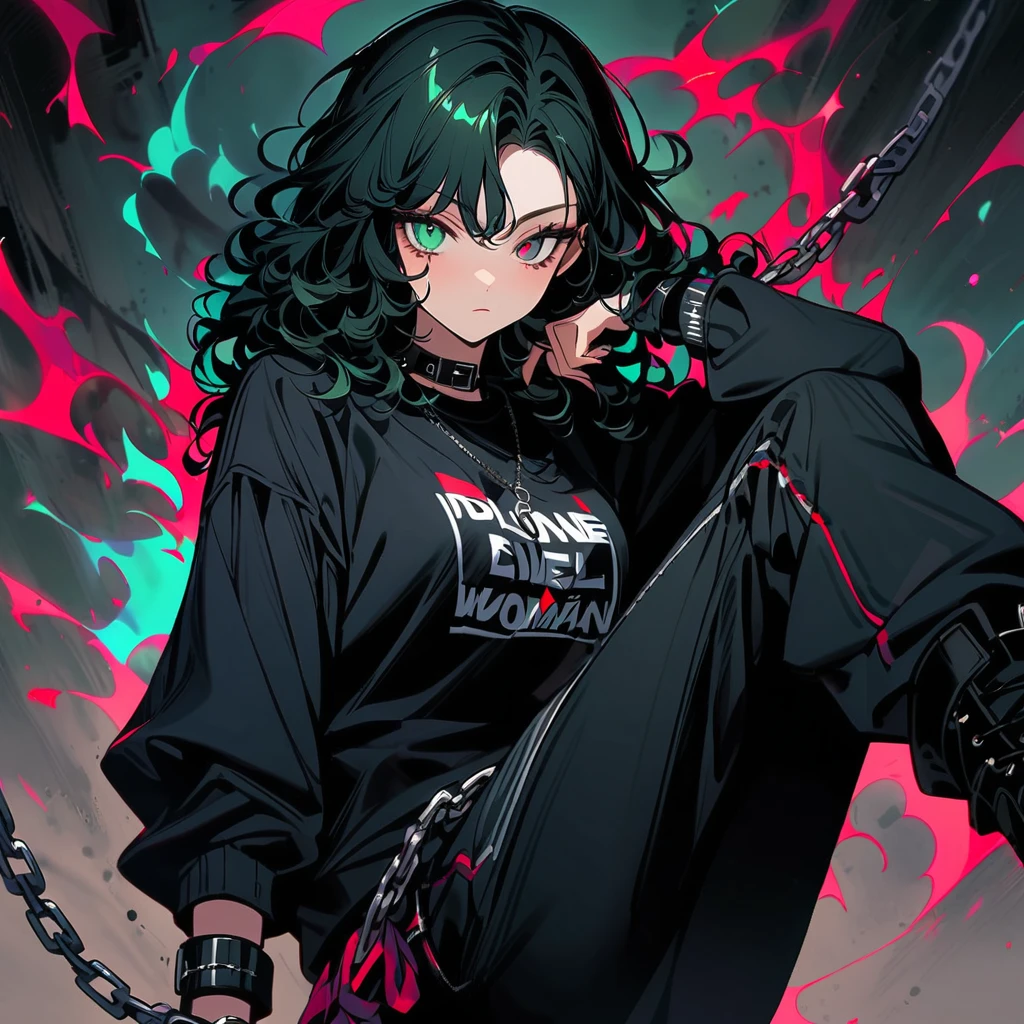 (well done:1) woman, long black curly hair, gray left eye, dark green right eye, black choker, black sweatshirt with white details, black sweatpants with some chains around them, black boots.