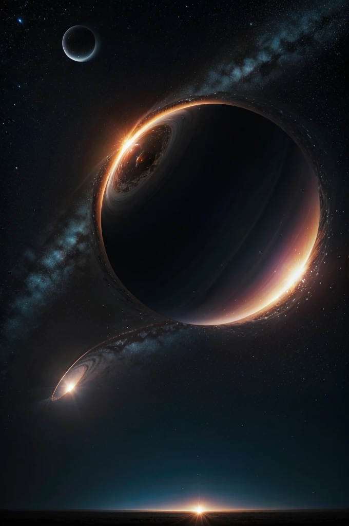Give me a scene of a field with the sky having a black hole orbiting a star