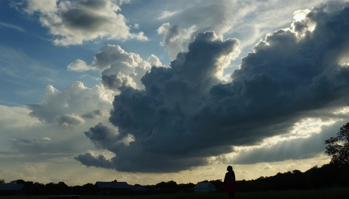 A beautyfull girl like a najarro native american there is a large cloud that is in the sky over a field, with dramatic sky, moody sky, mostly cloudy sky, crepuscular!!, happy clouds behind, clouded sky, moody cloudy sky, glistening clouds in background, atmospheric clouds', intimidating clouds, brooding clouds', peaceful clouds, puffy clouds in background, dramatic skies, pretty clouds
