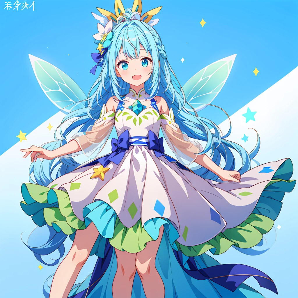 1girl、Standing in front of the viewer、Original, unique and cute hairstyle、Star Fairy、Star incarnation、Character design front view、A picture facing the viewer、(((Super detailed、Highest quality、Masterpiece)))、Milky white and blue hair color、Simple Green Background、vtuber-fullbody,Blue check design dress、