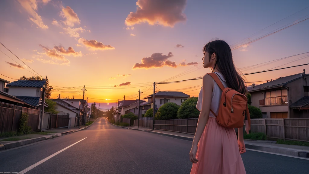 Hyper realistic image of a nostalgic summer sunset scene. A 20-year-old Japanese girl walking alone through an ordinary Japanese street at dusk. The sky is painted with vibrant orange and pink hues of the setting sun. The girl is wearing summer clothes and headphones. Photorealistic details of buildings, clouds, and the girl's features. Warm, nostalgic atmosphere. Ultra-high resolution, 8K quality.