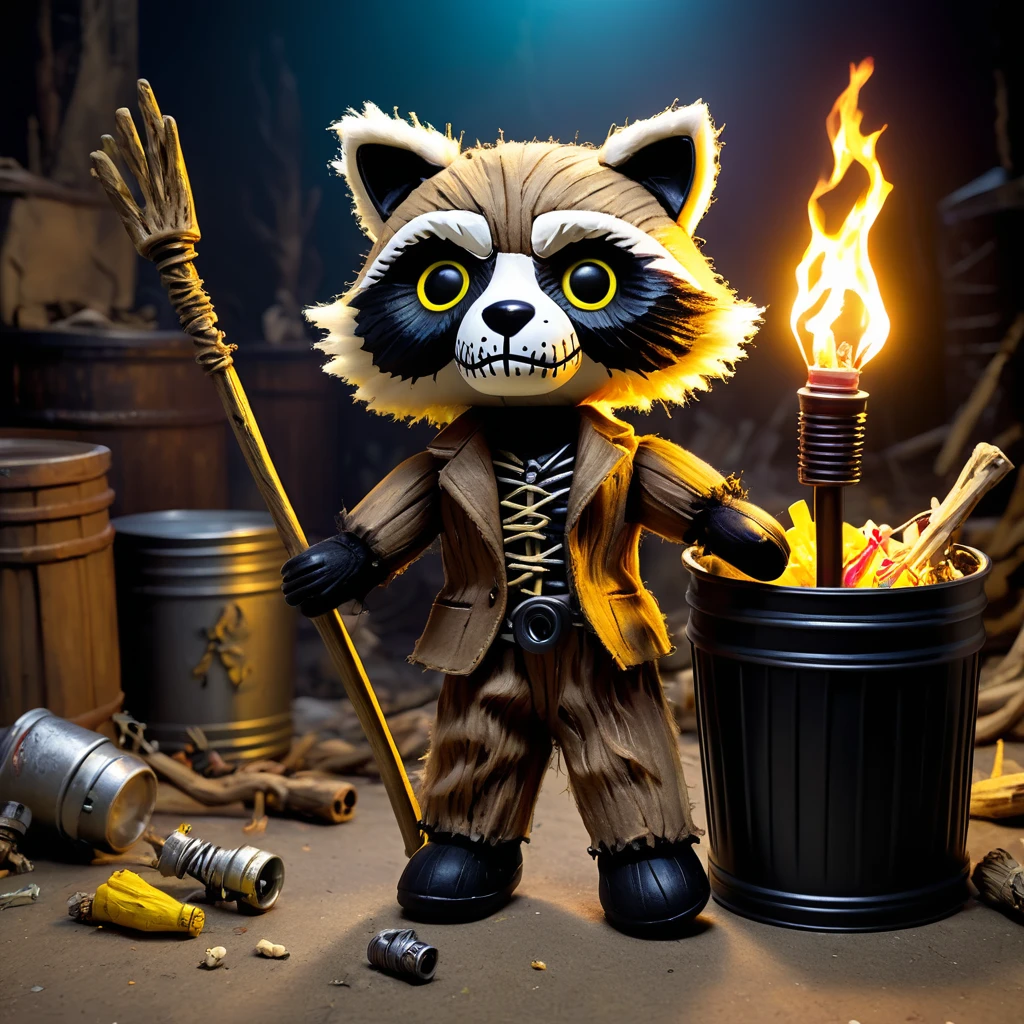 (knitted toy voodoo doll:1.7), (Voodoo Cursed Raccoon:1.3), (Clothing: tattered fur with glowing yellow eyes:1.0), (Accessories: enchanted skull mask, glowing trash can lid shield, mystical bone staff:1.2), (background: eerie junkyard with floating, glowing debris and shadowy figures:1.2), best quality, masterpiece, detailed soft oil painting, detailed background, dramatic cinematic lighting, soft edge lighting, professional, dramatic lighting, hard edge lighting, ultra quality, 4k,masterpiece, best quality, 8k, ultra highres, highres, extremely detailed