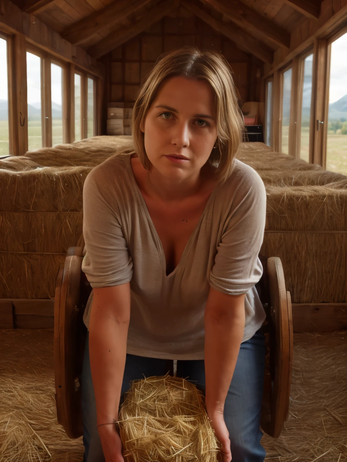 Working with Hay in a Big Barn
Amidst the serene beauty of the Swiss Alps, nestled in a verdant valley surrounded by majestic peaks, a large barn stands as a testament to rustic Alpine life. Built from weathered timber beams and stone foundations, the barn exudes the scent of hay and aged wood. Inside, the spacious interior is filled with the golden glow of sunlight filtering through small, shuttered windows. Bales of fragrant hay, meticulously stacked to the rafters, create a comforting tableau of rural industry. The air is alive with the rustle of straw as a farmer's wife, her blonde hair tucked neatly under a linen bonnet, works diligently among the bales. She moves with purpose, her hands deftly arranging hay for winter storage, occasionally pausing to wipe her brow with a linen sleeve. Around her, wooden tools—hay forks, rakes with weathered handles, and a sturdy wooden wheelbarrow—stand ready for use. The barn floor, compacted earth softened by years of use, provides a stable foundation for her work. The scene is completed by the presence of a pair of contented farm cats, their sleek fur catching the sunlight as they lazily patrol the barn for mice.
Tools and Objects:
Weathered timber beams and stone foundations
Small, shuttered windows
Bales of fragrant hay stacked to the rafters
Linen bonnet
Wooden hay forks
Rakes with weathered handles
Sturdy wooden wheelbarrow
Compacted earth barn floor
Contented farm cats