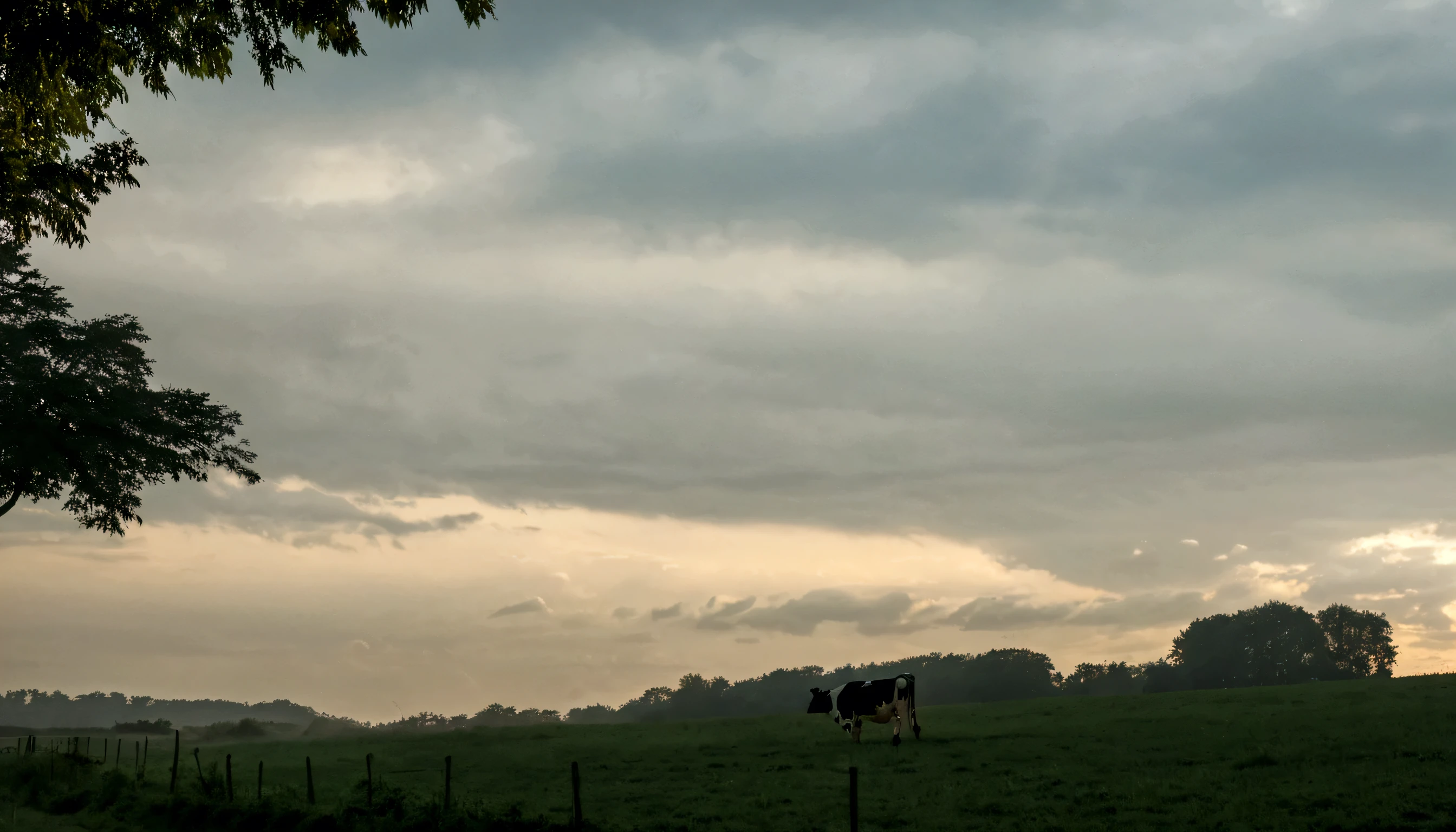 there is a cow standing in a field with a sky background, beautiful late afternoon, overcast dusk, early morning, day setting, overcast dawn, mid morning lighting, moody evening light, moody sky at the back, in the early morning, early morning mood, early evening, moody setting, overcast day, it is afternoon, image from afar, moody morning light