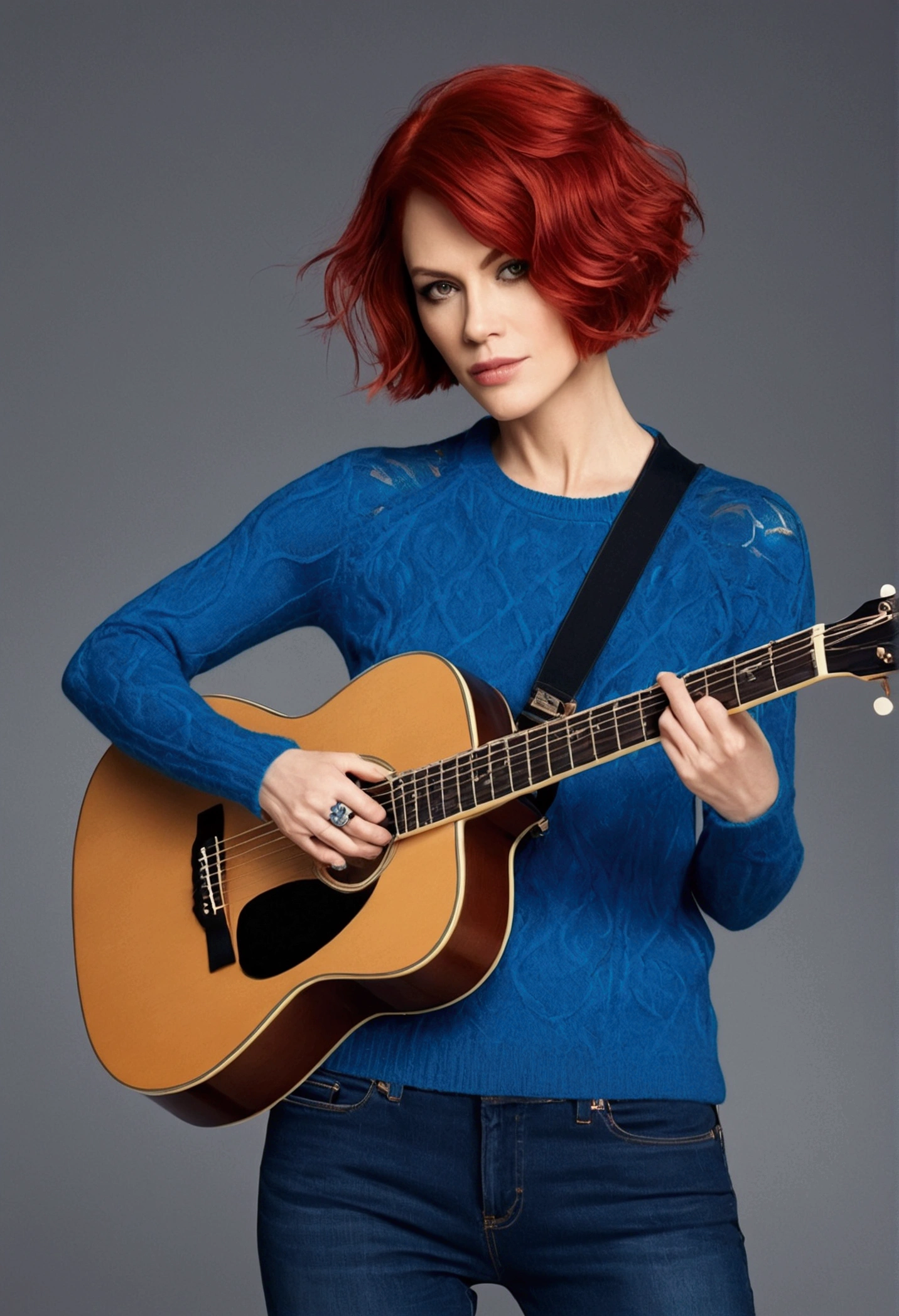 Create a beautiful woman, age 38, guitar body, shorth hair, Red hair, Chanel haircut, blue long sleeve sweater, Tight jeans.