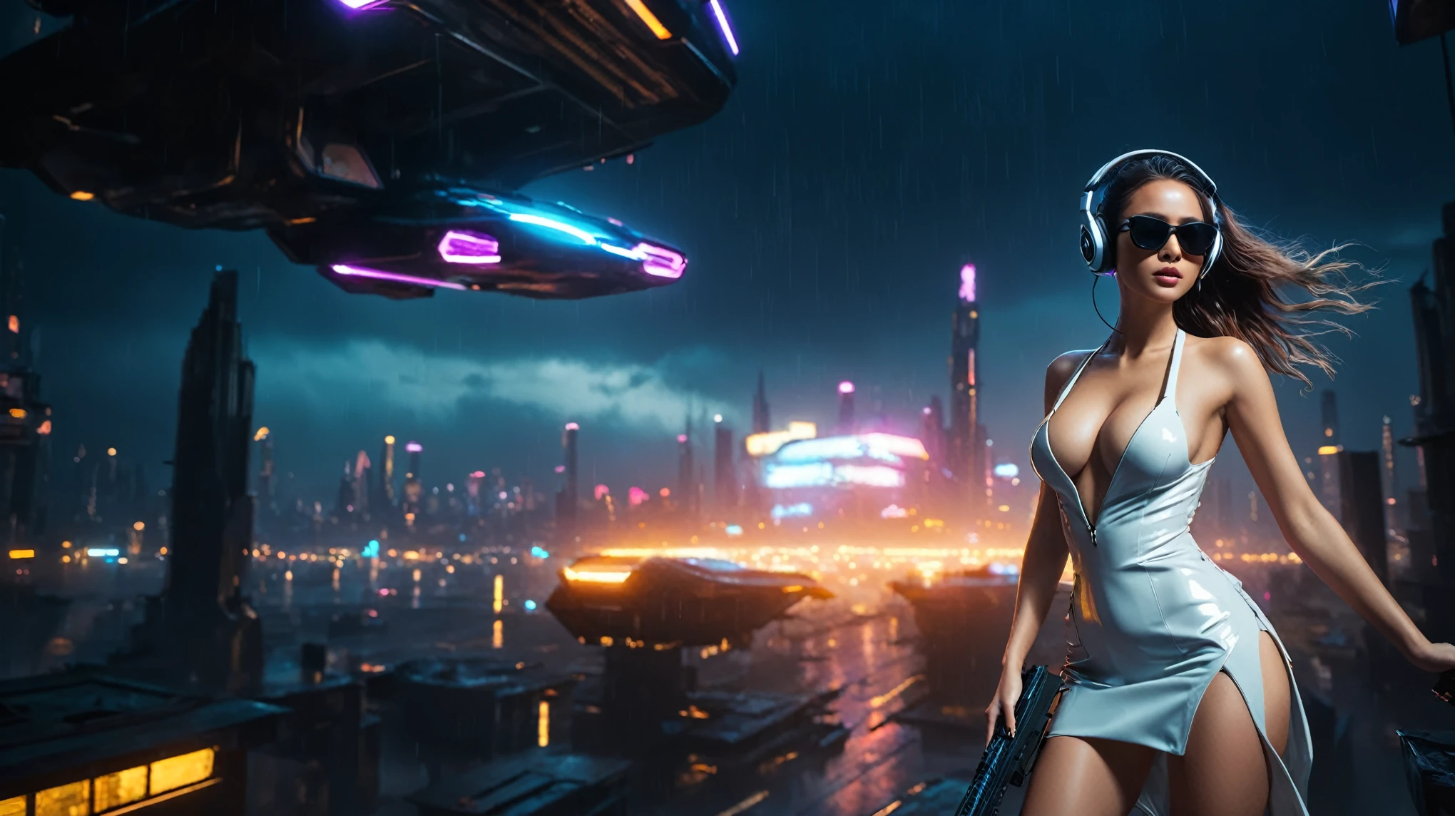 (aerial view, a flying cars docking platform, a very dark abandoned futuristic city, neon lights), rainy night. (((1girl, solo, alone))), large-breast:1.2 slim body, cleavage:1.1, sexy wind blowing wet dress:1.4, (((headphone, black sunglasses, standing and holding pistol:1.8, dynamic rushing pose))), (((((half-body thigh level medium shot))))), cinematic lighting, lens flare, ray tracing.