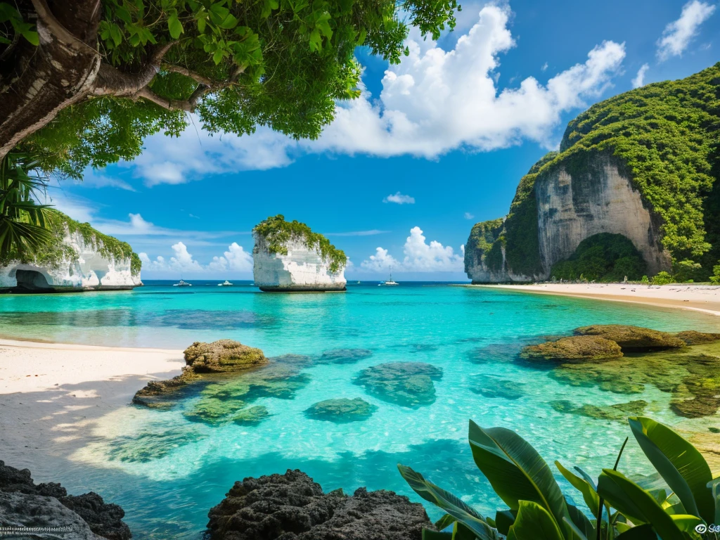 a serene tropical paradise, beautiful detailed turquoise waters, lush green jungle-covered islands, dramatic limestone cliffs, white sandy beaches, traditional longtail boats, golden sunlight, warm tropical breeze, idyllic island atmosphere, peaceful tranquility, (best quality,8k,highres,masterpiece:1.2),ultra-detailed,realistic,photorealistic,photo-realistic:1.37,HDR,UHD,vivid colors,studio lighting,landscape