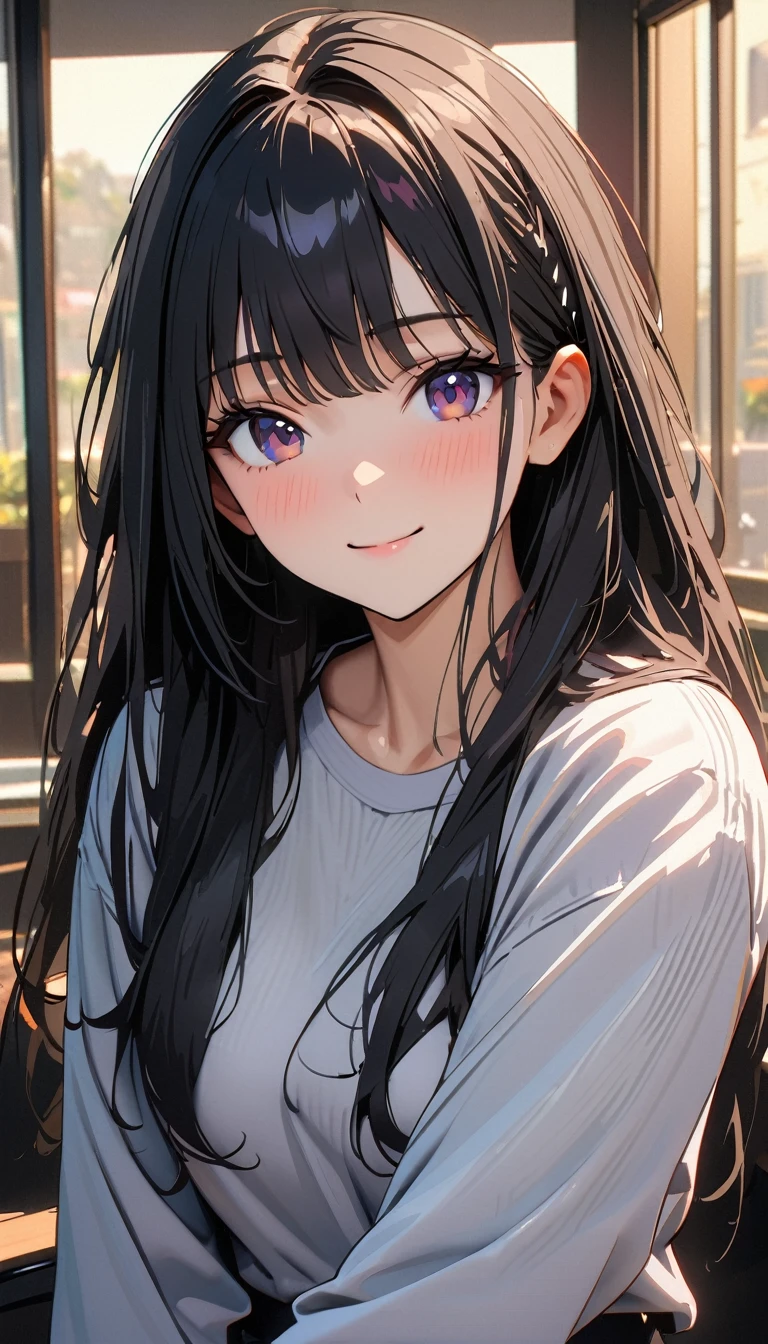 20 years old ,modern, Verism, masterpiece, textured skin, super detail, best quality, 4K , A beautiful woman , black hair, long hair, light smile, happy