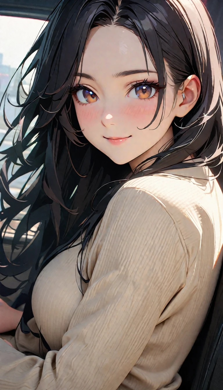 20 years old ,modern, Verism, masterpiece, textured skin, super detail, best quality, 4K , A beautiful woman , black hair, long hair, light smile, happy