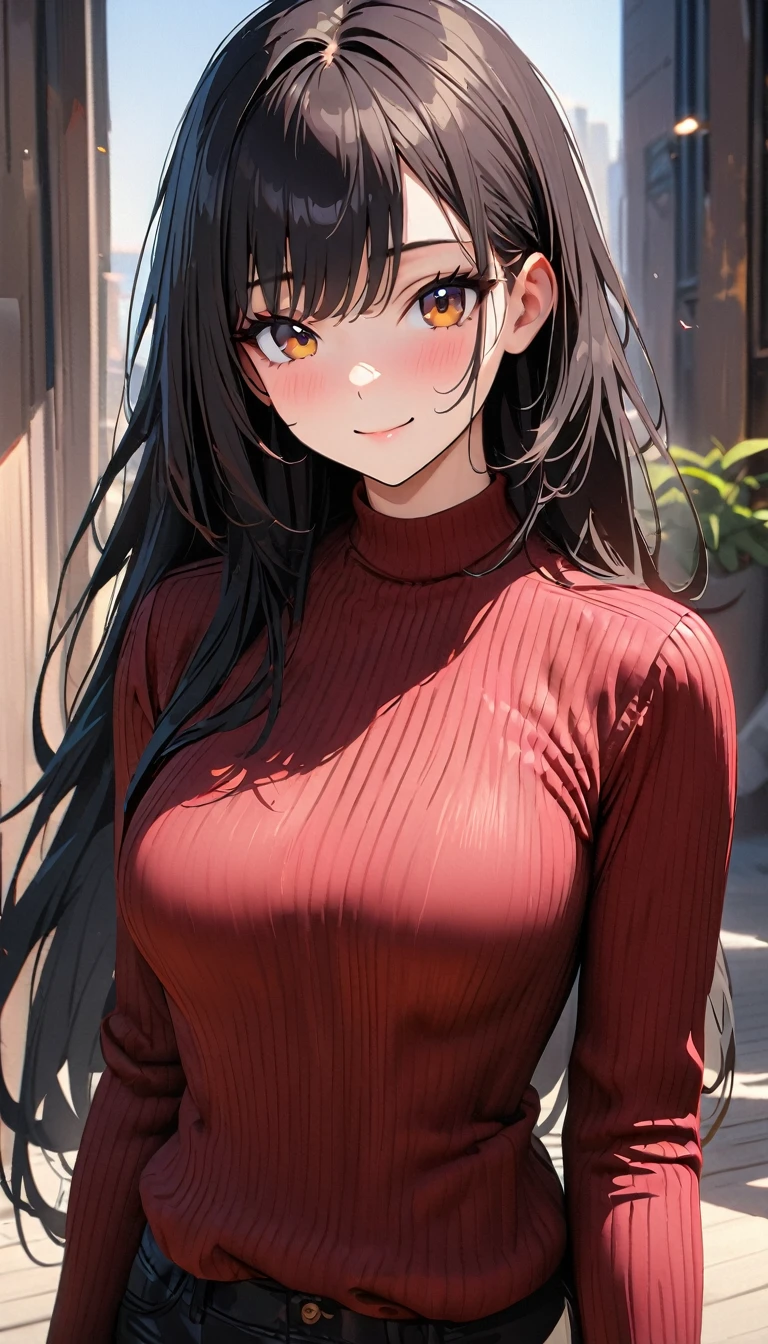 20 years old ,modern, Verism, masterpiece, textured skin, super detail, best quality, 4K , A beautiful woman , black hair, long hair, light smile, happy