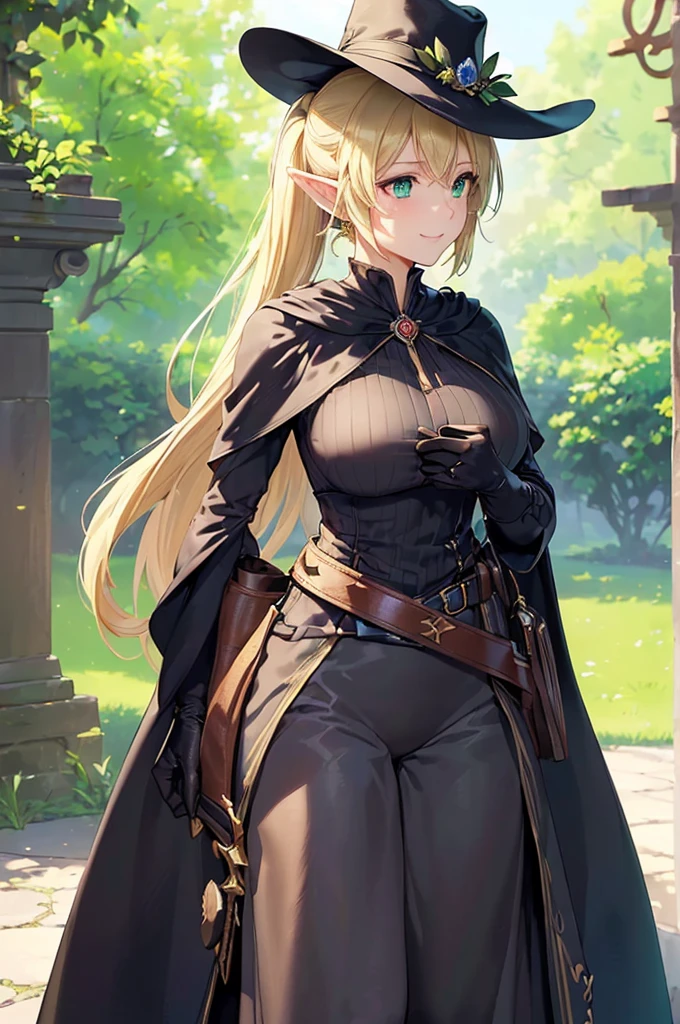 (((masterpiece; best quality: 1.2))), (finely detailed eyes: 1.3), (25 year old elf woman), (solo), (green eyes: 1.4), (body; big breasts, fit, femenine: 1.3), (silky blonde hair in low ponytail: 1.3), (beautiful and clear background: 1.2), ((depth of field)), (equipment: adventurer attire + modest + elegant wide-brimmed hat + dark blouse + dark cape + black long skirt + gloves + belt + pouches: 1.3), (anime illustration: 1.2), (background composition; royal garden: 1.1), (extremely fine and beautiful: 1.1), (shot composition; standing + centered on torso + close-up: 1.5), (expression; calm, smile: 1.2)