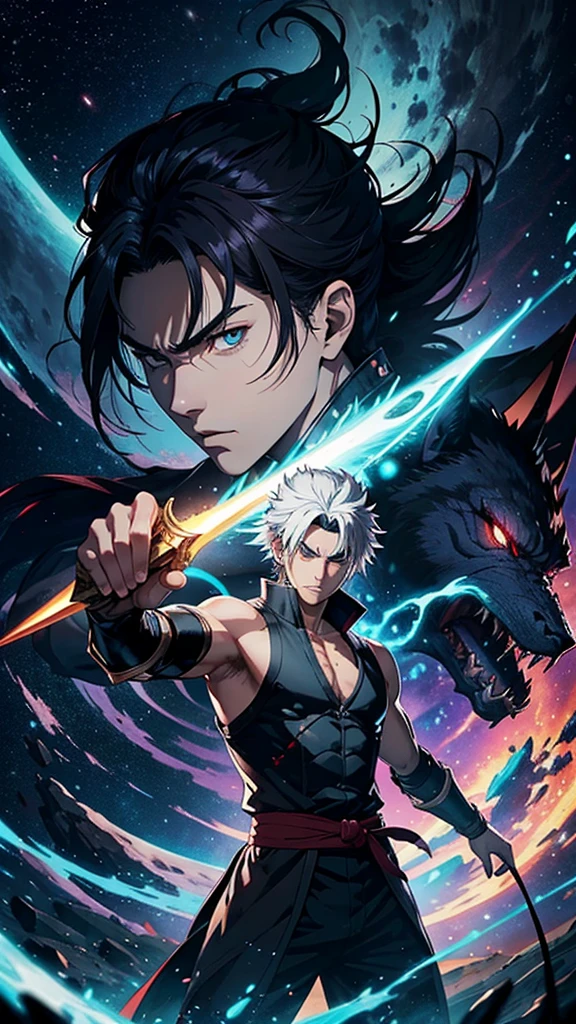 Create the most stunning and highly detailed image of a fictional anime/manga character with high-quality martial arts in manhwa style. The character should embody the personality of Musashi Miyamoto from "Vagabond" and have the appearance of Shiryu from "Saint Seiya."
Details:
- The character is meditating with a fierce expression.
- He is an ancient warrior who has lived for thousands of years but still appears young.
- He resides in ancient times, but his features are modern.
- He is alone on a mountain in a fantastical world that has been destroyed.
- He has stylish clothing and hair, is tough and blind with his eyes closed.
- He bears a scar over his eye like Kakashi Hatake from "Naruto."
- He holds a sword that can cut through space-time, preparing for a war against his greatest enemy, a dragon currently tearing through the fabric of space-time to reach him from another dimension.
- He exudes extraordinary energy and has long hair that glows in the sunlight, with colors similar to Kaiser's hair from "Blue Lock."
- The image must be extremely detailed, in 4K resolution and 60 FPS quality, and suitable for use as a profile picture on social media platforms such as WhatsApp, Instagram, TikTok, and Facebook, optimized for display on any brand of mobile phone. Ensure the size meets the specific requirements of these major social media platforms.
- Remember that he is blind and therefore has his eyes closed.
- He is alone, contemplating how to defeat the universal black dragon.
- Additionally, his master is secretly aiding him, hiding him from the universal black dragon.
Create the definitive artwork where the protagonist uses his remaining power, combined with the dragon's energy, to travel back in time and bring everyone back to life. Show the moment of success, where only a few remember what happened. Afterward, depict him returning to isolation with his master, diligently cultivating his power for years, meditating with an aura emanating from his body.
End!