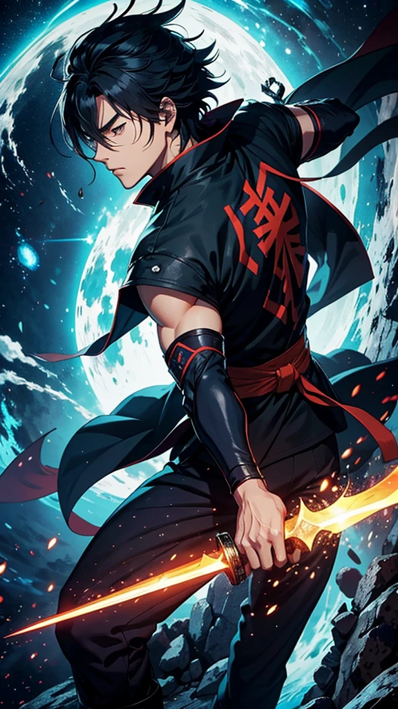 Create the most stunning and highly detailed image of a fictional anime/manga character with high-quality martial arts in manhwa style. The character should embody the personality of Musashi Miyamoto from "Vagabond" and have the appearance of Shiryu from "Saint Seiya."

Details:
- The character is meditating with a fierce expression.
- He is an ancient warrior who has lived for thousands of years but still appears young.
- He resides in ancient times, but his features are modern.
- He is alone on a mountain in a fantastical world that has been destroyed.
- He has stylish clothing and hair, is tough and blind with his eyes closed.
- He bears a scar over his eye like Kakashi Hatake from "Naruto."
- He holds a sword that can cut through space-time, preparing for a war against his greatest enemy, a dragon currently tearing through the fabric of space-time to reach him from another dimension.
- He exudes extraordinary energy and has long hair that glows in the sunlight, with colors similar to Kaiser's hair from "Blue Lock."
- The image must be extremely detailed, in 4K resolution and 60 FPS quality, and suitable for use as a profile picture on social media platforms such as WhatsApp, Instagram, TikTok, and Facebook, optimized for display on any brand of mobile phone. Ensure the size meets the specific requirements of these major social media platforms.
- Remember that he is blind and therefore has his eyes closed.
- He is alone, contemplating how to defeat the universal black dragon.
- Additionally, his master is secretly aiding him, hiding him from the universal black dragon.

Create the definitive artwork where the protagonist uses his remaining power, combined with the dragon's energy, to travel back in time and bring everyone back to life. Show the moment of success, where only a few remember what happened. Afterward, depict him returning to isolation with his master, diligently cultivating his power for years, meditating with an aura emanating from his body.

End!

