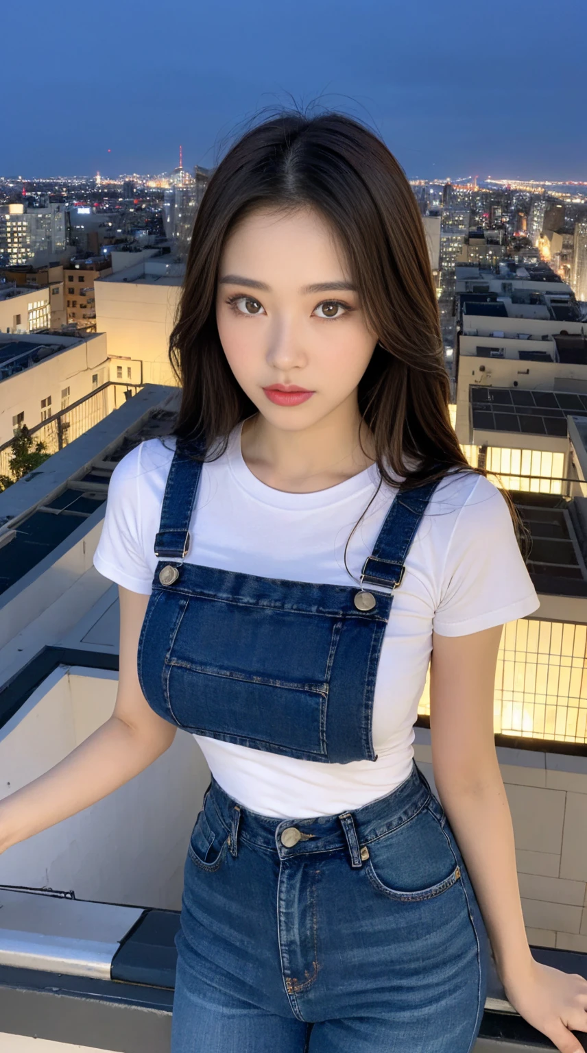 ((Midnight, Best quality, 8k, Masterpiece :1.3)), Whole body, Long legs, Sharp focus :1.2, A pretty woman with perfect figure :1.4, Slender abs :1.1, ((Dark brown hair, Big breasts :1.2)), (White tight tshirt, Jean bib, Standing:1.2), ((Night city view, Rooftop:1.3)), Highly detailed face and skin texture, Detailed eyes, Double eyelid