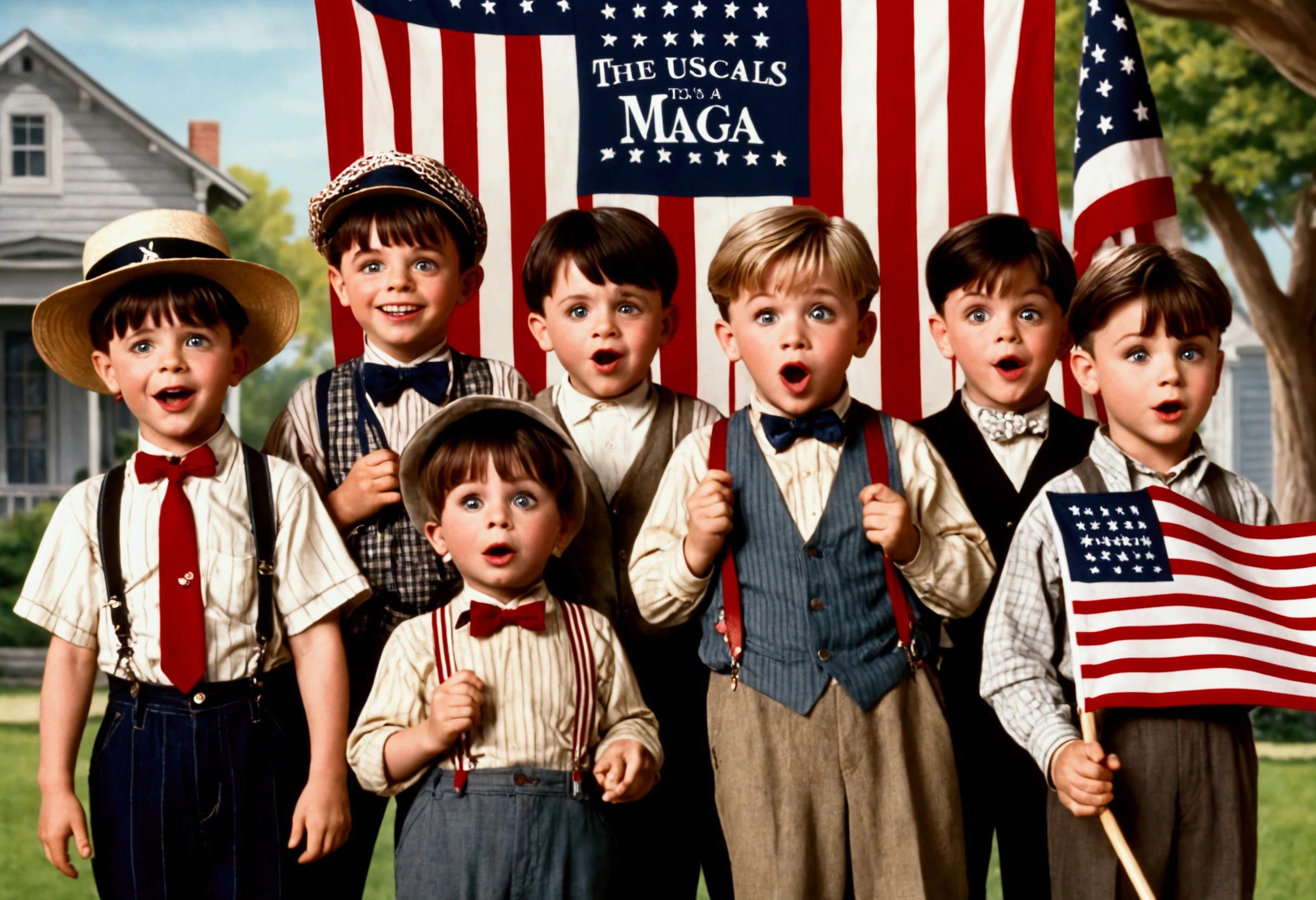 Classic TV, the little rascals, playfully hold up a MAGA banner, An american flag in the background