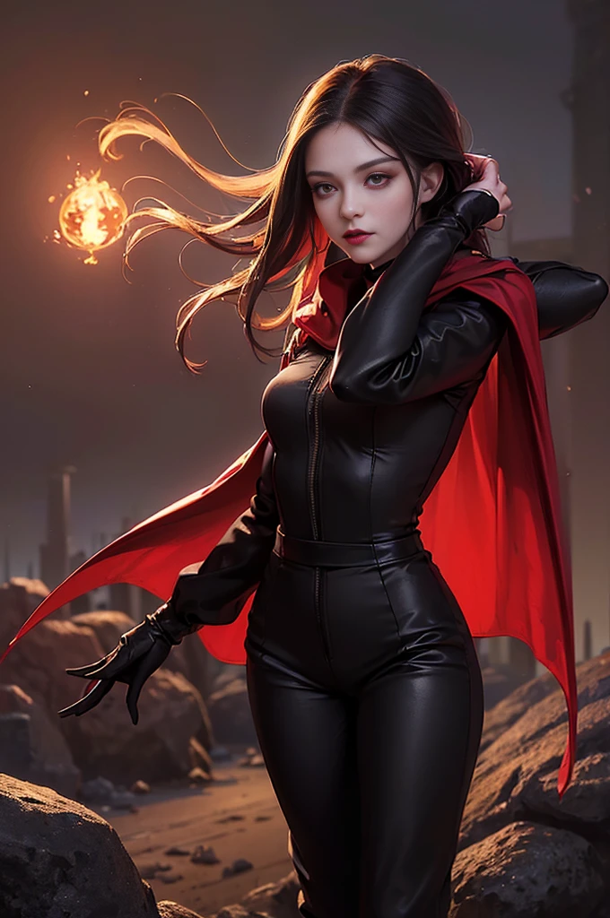 (skindentation:1.5), Realistic, Photorealistic, (masterpiece:1.5), concept art, intricate details, highly detailed, photorealistic, octane render, 8k, unreal engine, dynamic pose, best quality, highres, (realistic face:1.1), (hyperrealistic:1.1), (((full_body))), perfect eyes,(shiny skin:1.2), (((hairstyle))), (((perfect handtremely detailed background), ((dynamic background)), ((1girl)), (((wearing black jumpsuit, dark red long wizard cape))), ((detailed eyes, high quality eyes, high quality face)), (extremely intricate cape), red long hair, dramatic, depth of field, bokeh, 4k, (((underworld))), ((floating in the air)), (((black magic witch))), (((fierce eyes)))