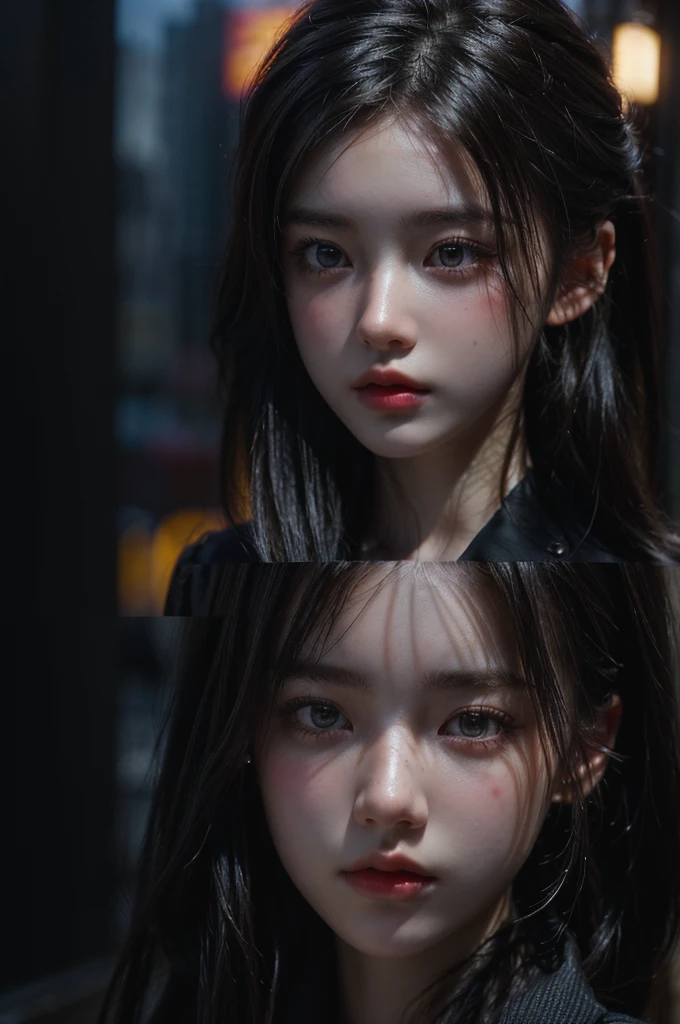 1girl, (looking at viewer:1.2), detail face, (a girl standing, rending on cgsociety, black shadows, streaming, new york backdrop), romanticism, atmospheric, (RAW photo, best quality), (realistic, photo-realistic:1.3), masterpiece, an extremely delicate and beautiful, extremely detailed,