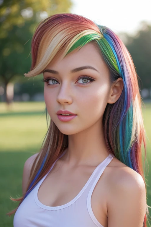 (The best quality, 4k, 8k, High Resolutions, Masterpiece:1.2), ultra detailed, detailed face, Detailed lips and eyes..........., cute makeup , attractive appearance, expressive face, realist,
BREAK   ,Beautiful Caucasian woman with shoulder length messy wavy pink hair, , Big pink eyes, clear skin, Slim and athletic, hair that covers one eye,
BREAK  (dynamic pose),  medium breasts , happy expression , Soft sunlight illuminating the scene, Subtle movement of the wind in the hair, happy expression, gloomy atmosphere, kindly, Natural lighting that emphasizes your features..........., Subtle shadows that add depth and dimension to the image....... , beautiful girl 16 years oldow dash , rainbow colored hair , rainbow colored hair , wear blue sports clothing, sunset , forest ,  whole body ,mlp , Rainbow dash ,  whole body , Teenage model , wear makeup , blue eye shadow , foto de whole body