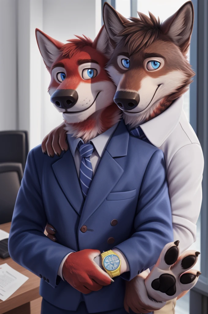Fedorovich Wolfbach fell (Novosibirsk) ,tall handsome, wolf,young, 24 years, brown fur,Kind,(red body:1.3),beautiful blue eyes,Novosibirsk,dressed, white jacket,shirt,Red tie,trousers,canine, wolf, detailed fur, Male, second, paw pads, finger claws,At the viewer, 5 fingers, paws, 5 fingers, smile, wrist watch, т nextel,by xenoforge, (difficult, high detail, digital photography, soft focus, RAW,Collegium of Advocates,Very close to the camera, variety,Novosibirsk, smile, good mood, positive, Very close to the camera, office,
photorealism, realistic, photorealistic, digital style, subsurface scattering,I look at the viewer,hugs the she-wolf,
masterpiece, Best quality, ultra realistic, 8 thousand.)