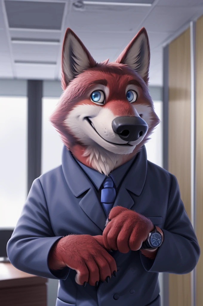 Fedorovich Wolfbach fell (Novosibirsk) ,tall handsome, wolf,young, 24 years, brown fur,Kind,(red body:1.3),beautiful blue eyes,Novosibirsk,dressed, white jacket,shirt,Red tie,trousers,canine, wolf, detailed fur, Male, second, paw pads, finger claws,At the viewer, 5 fingers, paws, 5 fingers, smile, wrist watch, т nextel,by xenoforge, (difficult, high detail, digital photography, soft focus, RAW,Collegium of Advocates,Very close to the camera, variety,Novosibirsk, smile, good mood, positive, Very close to the camera, office, 
photorealism, realistic, photorealistic, digital style, subsurface scattering,I look at the viewer,hugs the she-wolf, 
masterpiece, Best quality, ultra realistic, 8 thousand.)