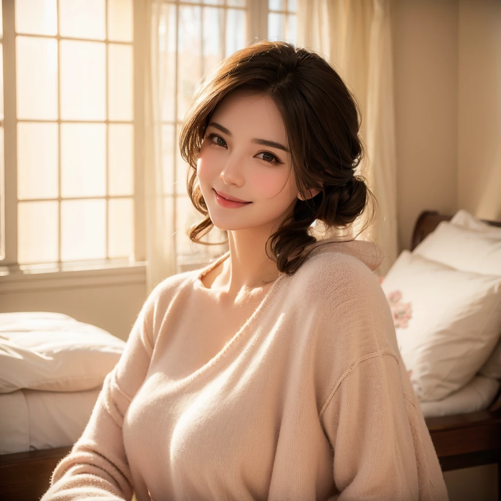 a gorgeous milf with rosy cheeks, smiling shyly, casual outfit, lover, private bedroom, dating, detailed face, beautiful eyes, lush lips, intricate hairstyle, warm lighting, soft focus, photorealistic, cinematic composition, romantic atmosphere, high quality, masterpiece