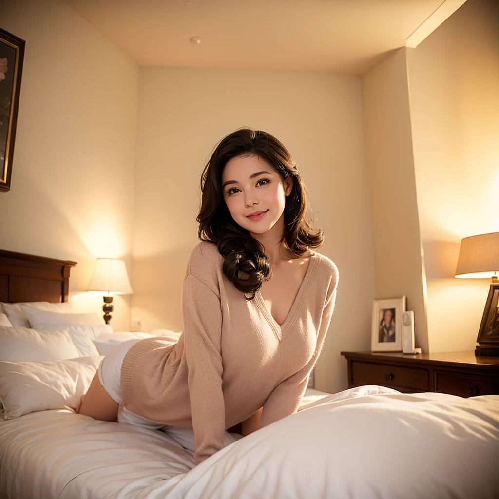 a gorgeous milf with rosy cheeks, smiling shyly, casual outfit, lover, private bedroom, dating, detailed face, beautiful eyes, lush lips, intricate hairstyle, warm lighting, soft focus, photorealistic, cinematic composition, romantic atmosphere, high quality, masterpiece