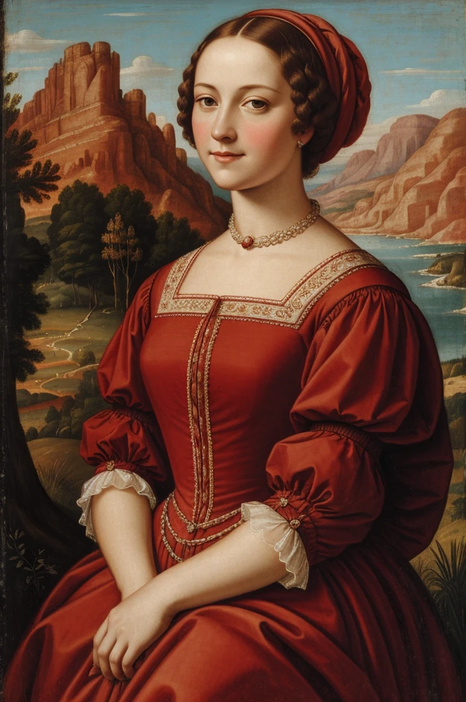 1. **Classic portrait**:
- "A detailed portrait of a woman in a red vintage dress, Renaissance style, with natural landscape background."