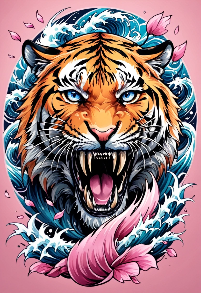 Traditional Japanese tattoo design, realistic tattoo art of Orange tiger with (((Blue eyes))) with pink sakura petal effect ,he is with open mouth looking very fierce and angry, the background is Japanese wave tattoo, (Unity 16K Wallpaper, masterpiece, Best Quality, high quality, Ultra-detailed, extremely details), a tattoo design, realistic tattoo art of Orange tiger with (((Blue eyes))) with pink sakura petal effect ,he is with open mouth looking very fierce and angry, the background is Japanese wave tattoo, scratching the viewer with fierce claw,  
