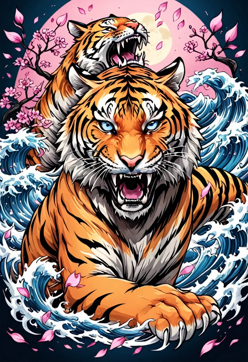 Traditional Japanese tattoo design, realistic tattoo art of Orange tiger with (((Blue eyes))) with pink sakura petal effect ,he is with open mouth looking very fierce and angry, the background is Japanese wave tattoo, (Unity 16K Wallpaper, masterpiece, Best Quality, high quality, Ultra-detailed, extremely details), a tattoo design, realistic tattoo art of Orange tiger with (((Blue eyes))) with pink sakura petal effect ,he is with open mouth looking very fierce and angry, the background is Japanese wave tattoo, scratching the viewer with fierce claw,  
