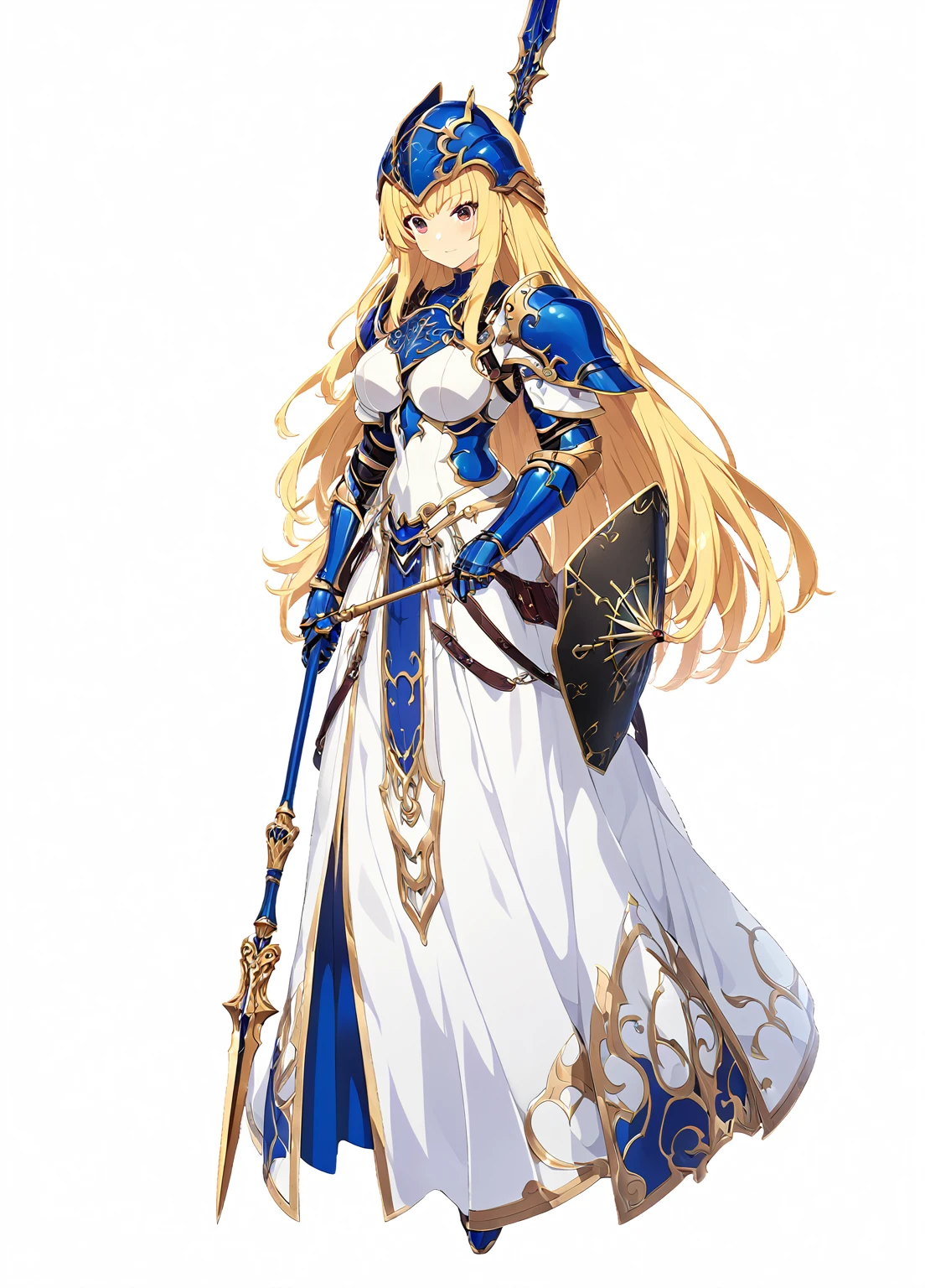 high quality, high resolution, high qualityのゲームアートスタイル, whole body,valkyrie,perfect hand,Official Art, Smooth game CG art, Visual Novel Sprites, White background,Smooth game CG art, (((Woman with a long spear))),A woman wearing a white dress and blue armor, An intricately designed helmet with white feathers,Small shield, (((In his right hand he holds an elaborate long spear))),Exquisite Blue Armor,Golden Hair, long hair, female knight, Rin々Shii,Large Bust,20-year-old,