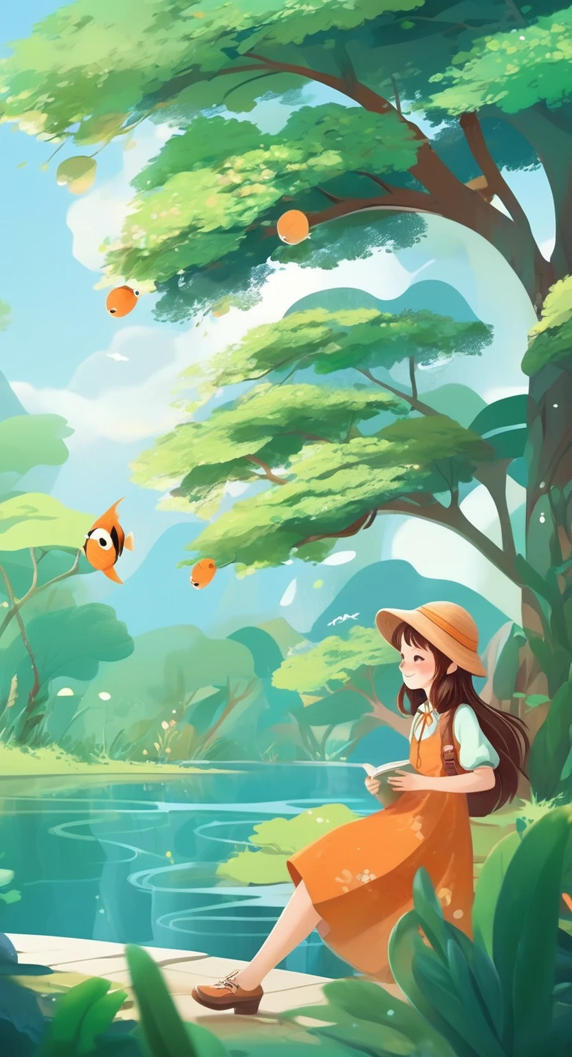 masterpiece, Location Information, Adopts 2D game art style, Girl Features, Dmitriy Vishnevsky, Orange and Emerald, Cute and dreamy, Editorial Illustrations, Zeiss Batis 18mm f/2.0/2.8