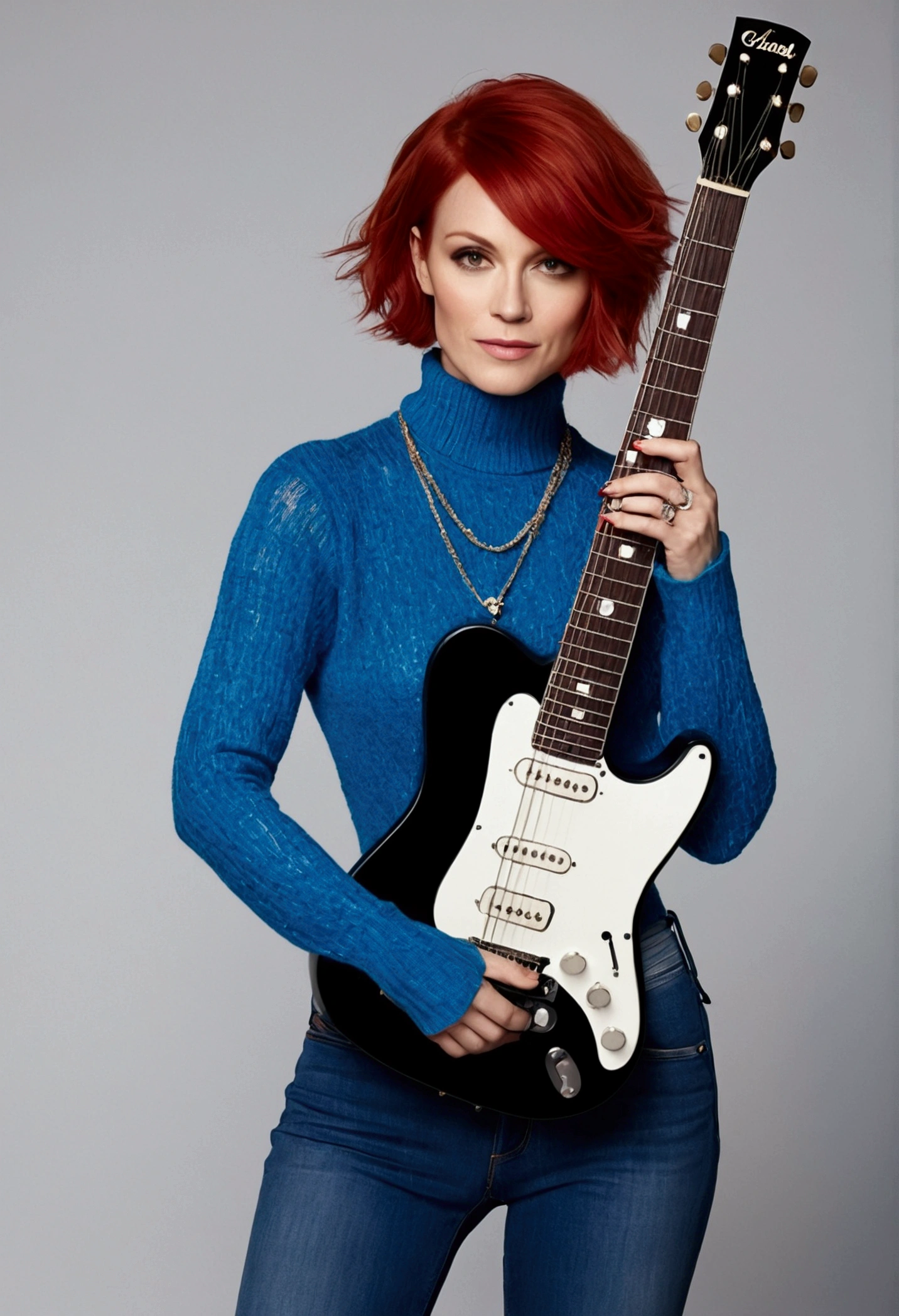 Create a beautiful woman, age 38, guitar body, shorth hair, Red hair, Chanel haircut, blue long sleeve sweater, Tight jeans.