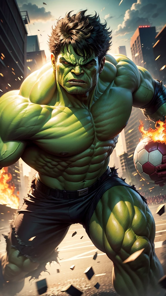 The Hulk. Superhero. Playing soccer. Chaos everywhere background.