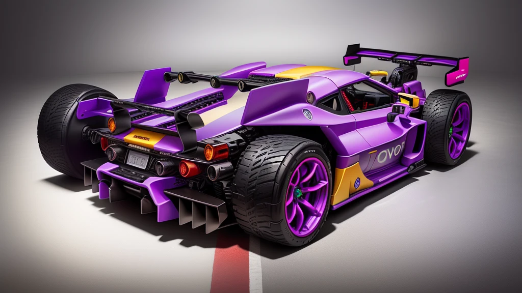 there is a toy car that is purple and has red wheels, taken with sony alpha 9, intricate detailed racing car, detailed wide plan, highly detailed toy, vista frontal superior lateral, cinematic front shot, shot close to the body, full sheet front view, eva unit-00 on the back, toy photo, lamborghini made from LEGO, hyper detailed masterpiece
