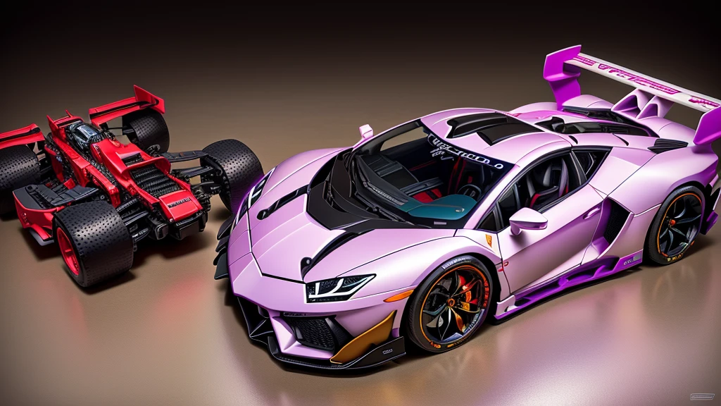 there is a toy car that is purple and has red wheels, taken with sony alpha 9, intricate detailed racing car, detailed wide plan, highly detailed toy, vista frontal superior lateral, cinematic front shot, shot close to the body, full sheet front view, eva unit-00 on the back, toy photo, lamborghini made from LEGO, hyper detailed masterpiece