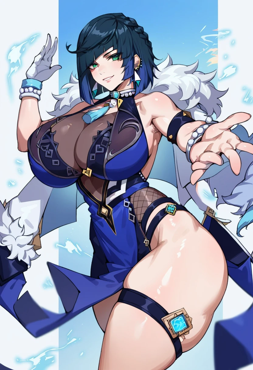 1girl, solo, gigantic breasts, thick thighs, thight fit, slight smirk, genshin impact yelan